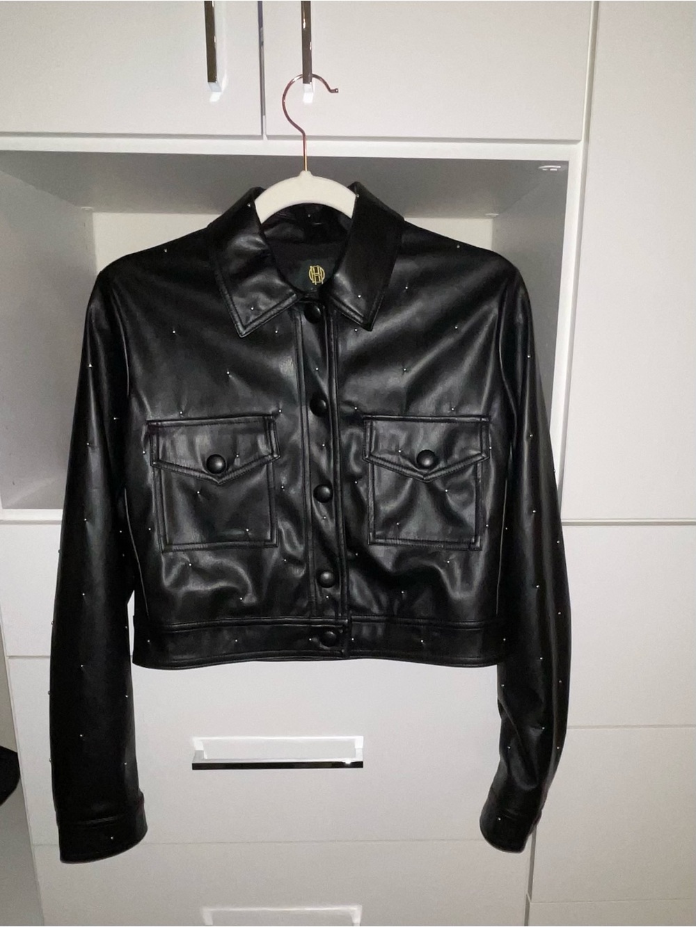 House of Harlow 1960 Black Faux Leather Studded Cropped Jacket